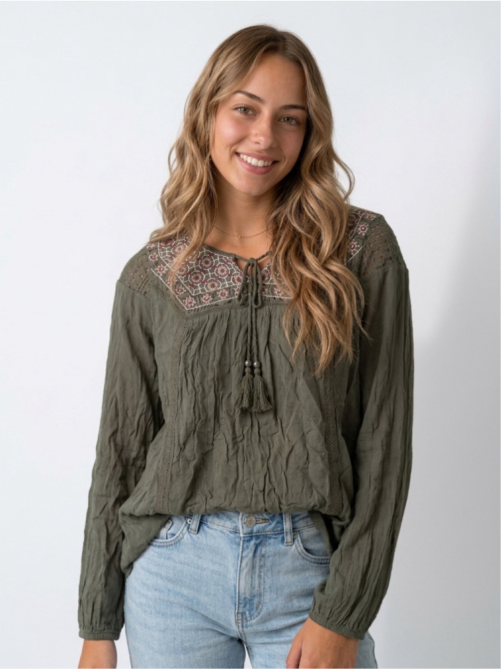 Women's Knox Rose Olive Embroidered Blouse Size XXL